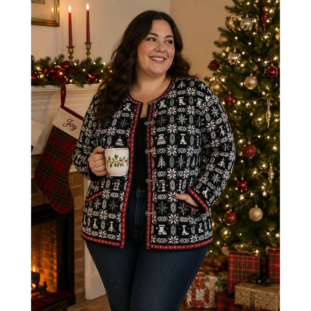 Talbots Woman Petites 2X Christmas Fair Isle Cotton Cardigan Silver Clasp Black